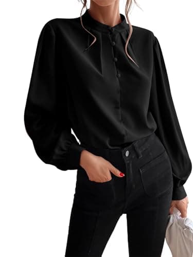 Button Down Shirts for Women: Business Casual Tops, Mock Neck & Long Sleeve Blouses - Solid Color Chiffon Shirt in Black L - Image 1