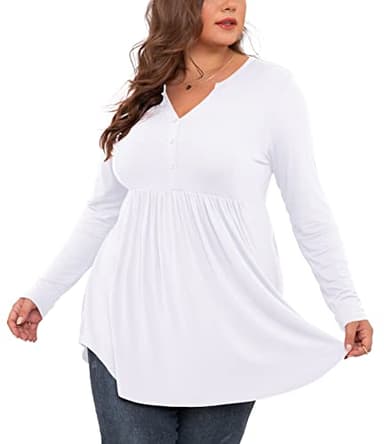 SHIJIALI Women's Plus Size Henley Shirts V Neck Button Tunic Tops Casual Long Sleeve Swing Flowy Blouse White-4X-Large - Image 3