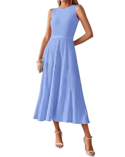 BTFBM Women Midi Bodycon Tank Dress Summer Crewneck Sleeveless Pleated A Line Business Casual Knit Sweater Fall Dresses(Sky Blue, Small) - Image 1