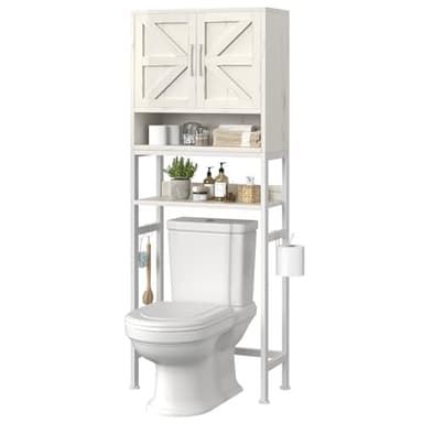 MEUIS Over The Toilet Storage Cabinet - Farmhouse Bathroom Shelves with Doors Freestanding Organizer Narrow Floor Stand Shelf Above Toilet 71" Tall, Distressed White - Image 7