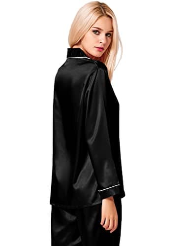 SWOMOG Womens Silk Satin Pajamas Long Sleeve Loungewear Two-piece Sleepwear Button-Down Pj Set (Large, Black) - Image 5
