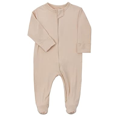 Aablexema Baby Zipper Pajamas Bamboo Rayon, 3pcs Unisex Infant Onesie with Mitten Long Sleeve Footed Pjs(Beige & Pink & Purple,0-3m) - Image 2