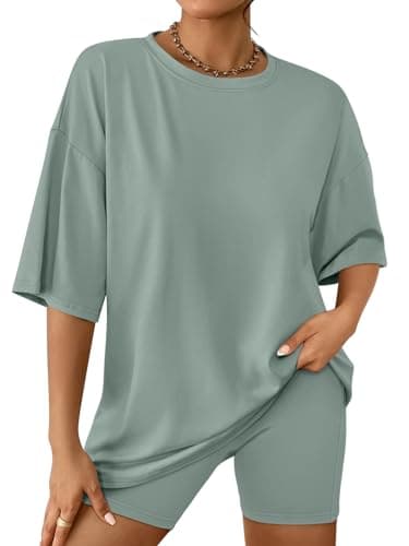 AUTOMET Womens Summer Outfits for 2025 2 Piece Sets Two Piece Lounge Set Matching Clothing Oversized Tshirts Biker Short Fashion LightGreen L - Image 1