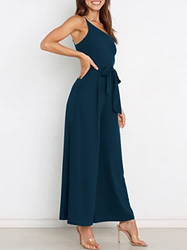 ANRABESS Women Summer Dressy Jumpsuits One Shoulder Sleeveless Casual Wide Leg Pants Romper Jumper 2025 Trendy Fall Outfits Navy Blue Medium - Image 2