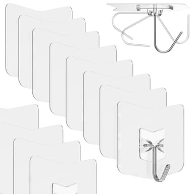 nabreeli Heavy Duty Adhesive Hooks 12 Pack - Holds 15 lbs, No Residue Wall Hooks for Bathroom, Kitchen, Dorm - Strong Sticky Hooks for Tile, Glass, Wood - Image 1