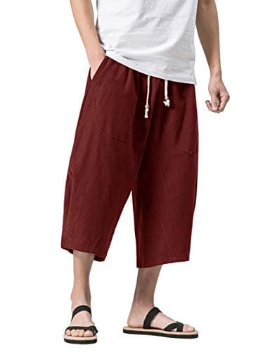 MAGNIVIT Men's 3/4 Pants Breathable Summer Beach Shorts Linen Pants with Pockets Red 40 - Image 1