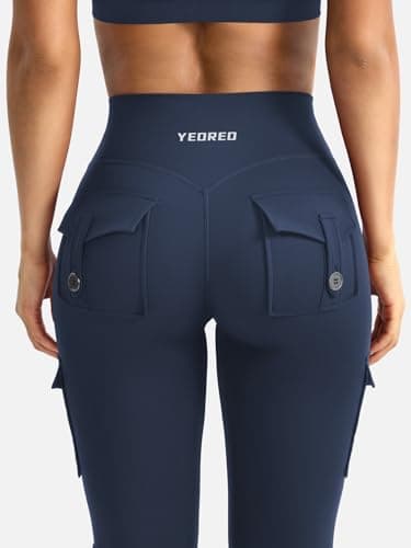 YEOREO CoreFlex Women Workout Flare Leggings with Pockets Hidden Scrunch High Waisted Cargo Gym Yoga Leggings Blue Navy M - Image 4