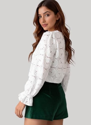 CUPSHE Women Eyelet Long Sleeve Tops Shirts Dressy Hollow Out Crochet Lace Embroidered Blouses 2025 Fashion Top White - Image 3