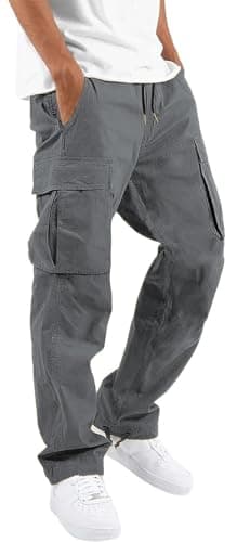 HUNGSON Mens Cargo Pants Drawstring Casual Hiking Pants Joggers Athletic Trousers Cotton Loose Straight Sweatpants for Men Dark Grey - Image 1