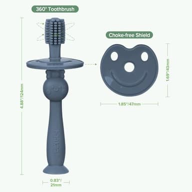 haakaa 360° Baby Toothbrush with Suction Base - Gentle Cleaning for Infant Self-Brushing Training, Food-Grade Silicone, Adjustable Safety Shield - Steel Blue (1 Piece) - Image 7