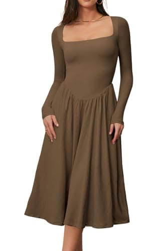CHYRII Womens Spring Fashion 2025 Square Neck Long Sleeve Casual A-Line Midi Dress Brown XL - Image 1