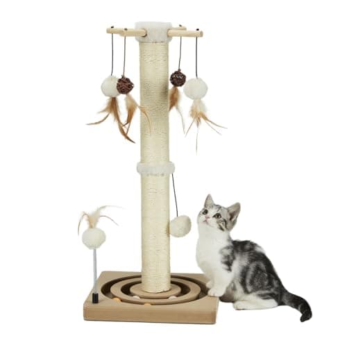 PEEKAB Cat Scratching Post Sisal Scratch Posts for Indoor Cats and Kittens with Tracking Ball Interactive Toys and Hanging Balls 25 Inches Beige - Image 1