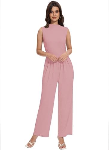 LOZ Womens Casual Summer Jumpsuits Dressy One Piece Outfits Mock Neck Sleeveless Wide Leg Pants Rompers with Pockets Pink - Image 6