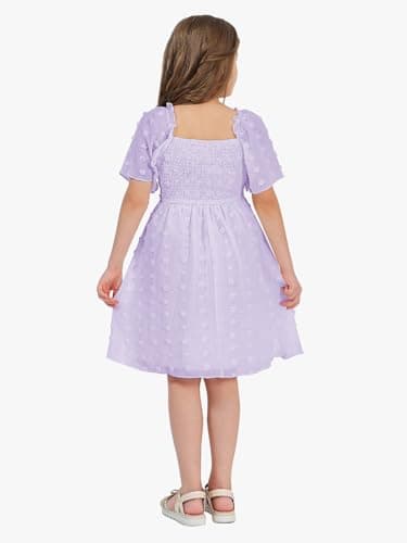 EXLURA Girls 2025 Summer Dresses Short Sleeve Swiss Dot Square Neck Flowy A Line Kids Dress Casual Party Midi Dress 6-15Y Light Purple - Image 4