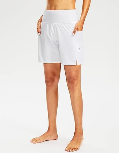 G Gradual Women's 7" Long Swim Board Shorts High Waisted Quick Dry Beach Swimming Shorts for Women with Liner Pockets(White,L) - Image 2
