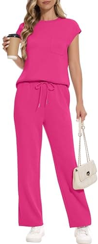 RUBZOOF Summer Outfits for Women 2025 Cap Sleeve Loungewear Crew Neck Two Piece Going Out Sets Travel Airport Outfits Beach Vacation Clothes Resort Wear for Women Hot Pink 2XL - Image 2