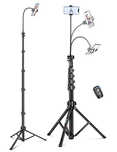 Nineigh Phone Tripod, 85" Tripod for Cell Phone iPhone with Gooseneck, Aluminum Tripods Stand for Video Recording Photo Vlog, Travel Cellphone Tripod with Remote Compatible with iPhone Android - Image 1