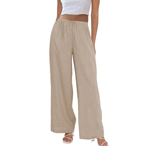 Duyang Womens Cotton Linen Palazzo Pants Drawstring Elastic Waist Casual Wide Leg Trousers with Pockets(Khaki,L) - Image 1