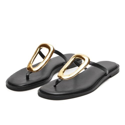 Wnshonzy Flip-Flops for Women Thong Sandals Flat Black Slip on Slides Leather Beach Comfort Open Square Toe Ladies Slipper Dressy Metal Hardware Decoration Summer Shoes Casual Fashion - Image 1