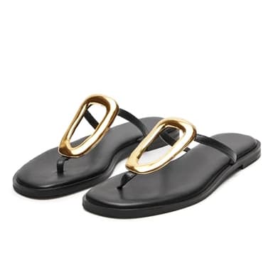 Wnshonzy Flip-Flops for Women Thong Sandals Flat Black Slip on Slides Leather Beach Comfort Open Square Toe Ladies Slipper Dressy Metal Hardware Decoration Summer Shoes Casual Fashion - Image 1