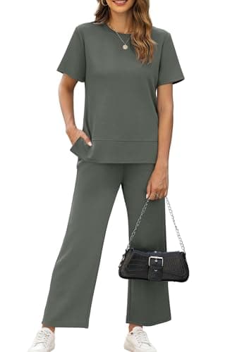 XIEERDUO 2 Piece Set for Women Summer Travel Outfits Spring Loungewear Short Sleeve Vacation Clothes Wide Leg Capri Pants Matching Lounge Sets Women's Track Suit Loose Fit XL - Image 1