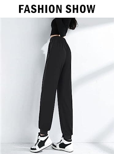 ASIMOON Womens Sweatpants Elastic High Waist Joggers for Women with Pockets Comfy Lightweight Yoga Sweat Pants Loose Lounge Athletic Jogging Pants Black - Image 3