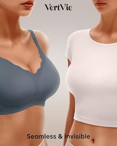 Vertvie Womens Seamless Bras No Underwire Supportive Wireless Push Up Full Coverage Bralette Comfort Scalloped T-Shirt Bra(Grey Blue,Medium) - Image 4