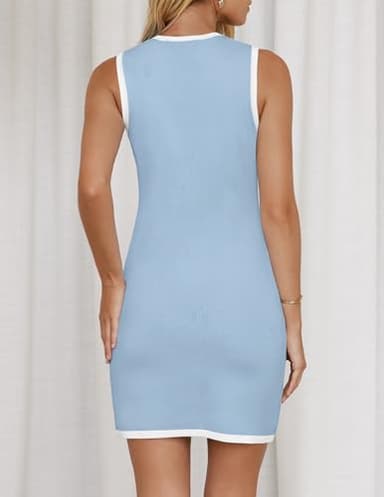 ZESICA Women's 2025 Summer Sleeveless Mini Dress Crewneck Button Knit Color Block Bodycon Party Short Dresses with Pockets,Blue,Large - Image 4