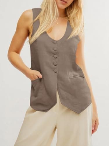 Tankaneo Womens Scoop Neck Blazer Vest Summer Linen Sleeveless Fitted Waistcoat Work Casual Cotton Suit Tops - Image 4