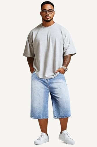 GINGTTO Mens Baggy Jorts Y2k Long Jean Shorts for Men 90s Wide Leg Denim Shorts Men Loose Light Blue 40 - Image 8
