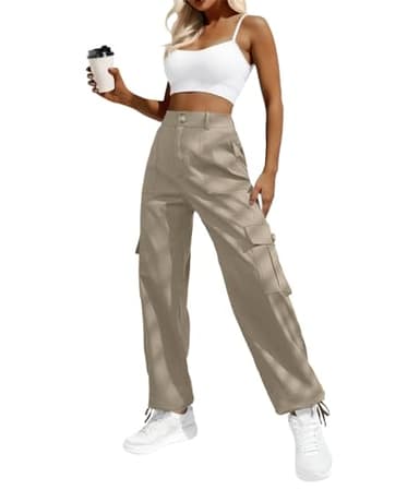 Women High Waisted Cargo Pants Wide Leg Casual Pants 6 Pockets Combat Military Trousers - Image 1
