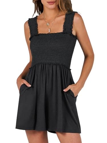 Caracilia Women's Summer Casual Smocked Rompers Square Neck Sleeveless Loose Shorts Jumpsuit 2025 Beach Vacation Outfits Black - Image 1