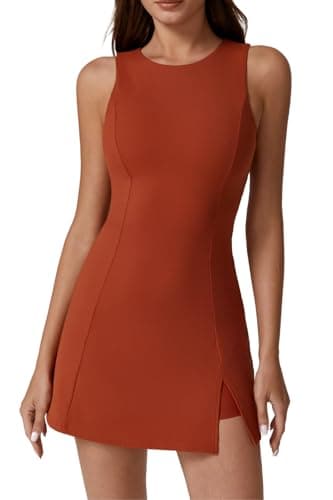 QINSEN Crew Neck Tennis Dress for Women Sleeveless Golf Dresses Bulid in Shorts with Pockets Brick Red L - Image 1