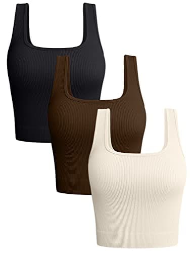 OQQ Women's 3 Piece Tank Tops Ribbed Seamless Workout Exercise Shirts 2025 Summer Basic Camis Black Coffee Beige - Image 1