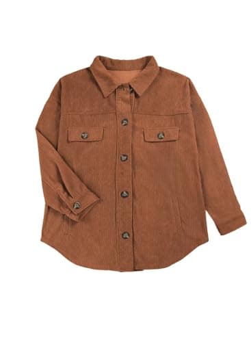 VICHYIE Womens Shirts Shacket Casual Long Sleeve Corduroy Lapel Oversized Button Down Blouses Tops Coat Coffee M - Image 2
