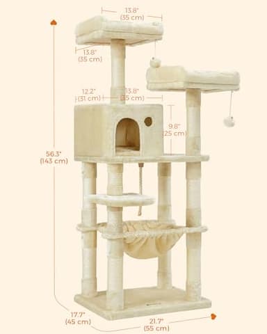Feandrea Cat Tree, 56.3-Inch Cat Tower for Indoor Cats, Multi-Level Cat Condo with 11 Scratching Posts, 2 Perches, Cave, Hammock, Beige UPCT15BE - Image 7