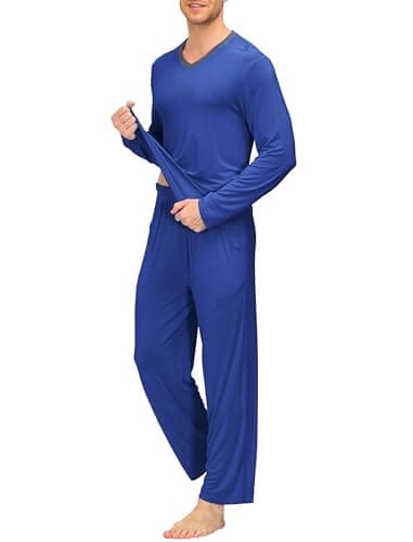 JINSHI Mens Pajamas Set Long Sleeve V Neck 2 Piece Sleepwear Pants with Pockets Lightweight Quick Dry Soft Good Elasticity-Deep blue L - Image 3