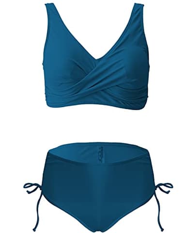 Fanuerg Women's Twist Front High Waisted Bikini Swimsuits Drawstring Tie Side Bottom Two Piece Bathing Suit Blue L - Image 4