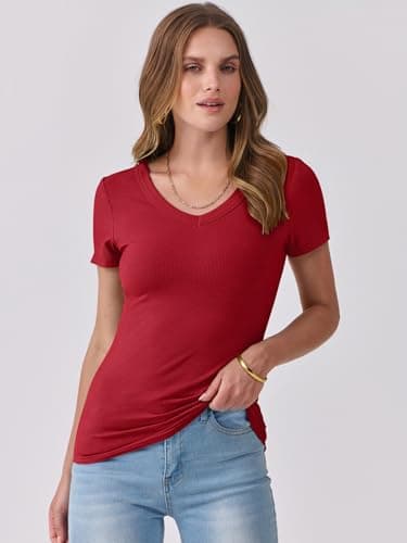 ANRABESS Women Short Sleeve V Neck Ribbed Knit Fitted Shirts Basic Tees Tops 2025 Summer Casual T-Shirts Going Out Outfits Red Large - Image 6