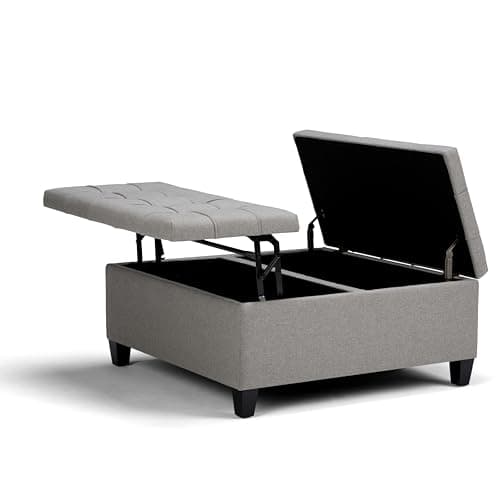 SIMPLIHOME Harrison 36 inch Wide Transitional Square Coffee Table Storage Ottoman in Dove Grey Linen Look Fabric, Assembled, for the Living Room and Bedroom - Image 1