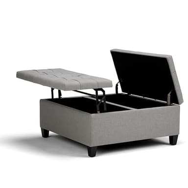 SIMPLIHOME Harrison 36 inch Wide Transitional Square Coffee Table Storage Ottoman in Dove Grey Linen Look Fabric, Assembled, for the Living Room and Bedroom - Image 1