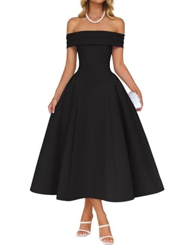 ZESICA Cocktail Dresses for Women's Elegant Off Shoulder Short Sleeve Swing A Line Wedding Evening Party Midi Dress,Black,X-Large - Image 1
