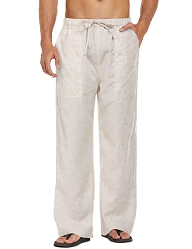 COOFANDY Men Linen Yoga Beach Cool Long Pants Stretchy Drawstring Waist Trousers,Straight - Image 1