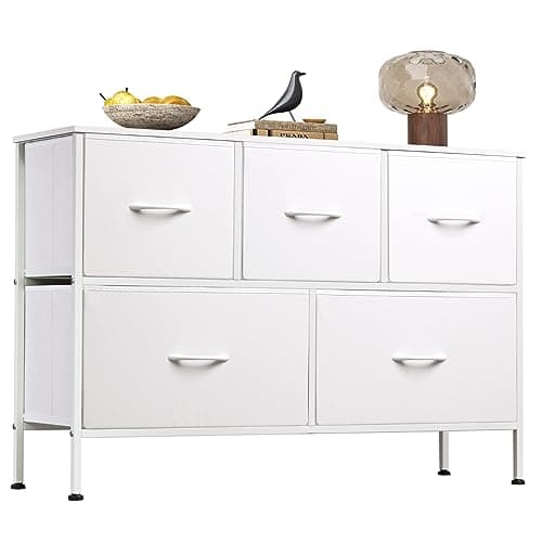 WLIVE White Dresser for Bedroom with 5 Drawers, Chest of Drawers, Fabric Small Dresser with Drawer Organizers, Storage Organizer Unit for Hallway, Entryway, Closets - Image 1