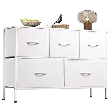 WLIVE White Dresser for Bedroom with 5 Drawers, Chest of Drawers, Fabric Small Dresser with Drawer Organizers, Storage Organizer Unit for Hallway, Entryway, Closets - Image 1