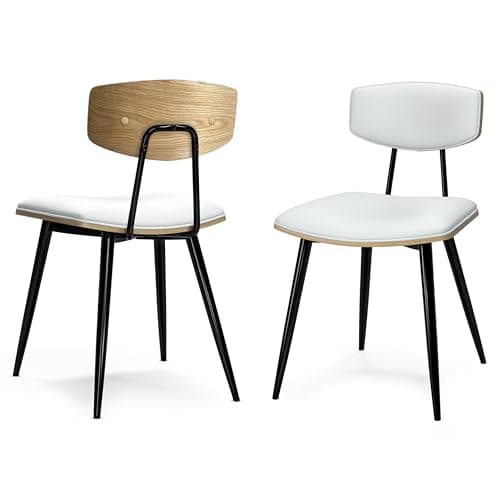 SIMPLIHOME Mavis Dining Chairs - Mid-Century Modern Iron Frame and Vegan Faux Leather Kitchen Chair Set in White, Dining Room Seating with Curved Wood Veneer Backrest and Padded Seat (Set of 2) - Image 1