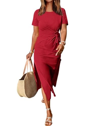 ANRABESS Women's 2025 Summer Maxi Tshirt Dress Short Sleeve Crewneck Tie Waist Casual Slim Fit Slit Spring Long Beach Dresses Red Small - Image 1