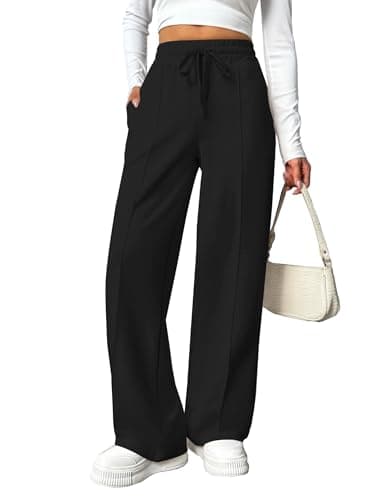 PINSPARK Wide Leg Sweatpants for Women's High-Waist Loose Fitting Pants with Slanted Hand Pockets Spring Fall Black M - Image 1