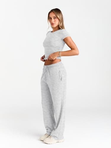 Trendy Queen Womens 2 Two Piece Set 2025 Summer Workout Beach Vacation Gym Clothes Fall Fashion Lounge Matching Sweatsuit Sweat Teacher School Wide Leg Pant Travel Outfit Fitness Athletic Clothing - Image 3