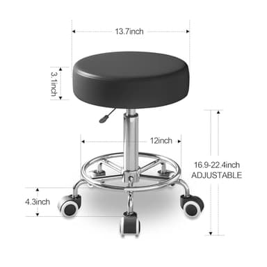 Rolling Stool, Heavy Weight Capacity 250lb, PU Leather Rolling stools, Ultra Soft Padded Seat, Rolling Stools with Wheels and Footrest, 360° Swivel, Spa Drawing Salon Work Office Tattoo Stool (black) - Image 2